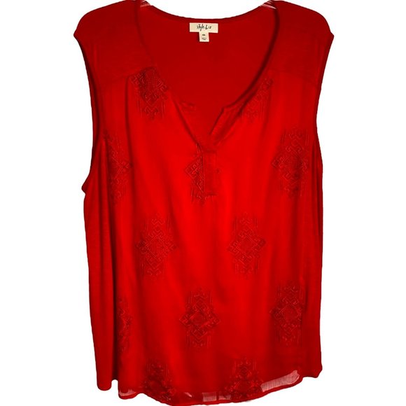 Style & Co Red Mixed Media Knit Top with Embroidered Chiffon Overlay Size XXL - Picture 1 of 9